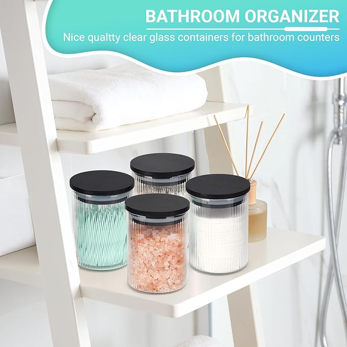 4 Pack Glass Qtip Holder Dispenser Set - Apothecary Jars with Lids for Vanity Makeup Organizer - Bathroom Canister Storage Organizer for Cotton Ball, Swab, Round Pads,Floss