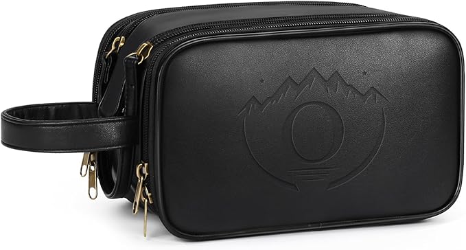 Men's Travel Toiletry Bag, Shaving Bag, Leather Toiletry Travel Bag for Men, Personalized Travel Essentials, Birthday Gifts for Men, Black - O