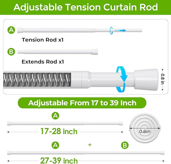 2 Pack Spring Tension Rods 26-39 Inches Adjustable White No Drill Spring Loaded Curtain Rod Small Short Tension Curtain Rod Expandable Tension Rod for Windows,Kitchen,Doorway,Bathroom,Cupboard Bars