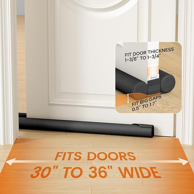 fowong Door Draft Stopper 30" to 36" Soundproofing Under Door Draft Blocker, Adjustable Noise Stopper Seal Large Gap, Black