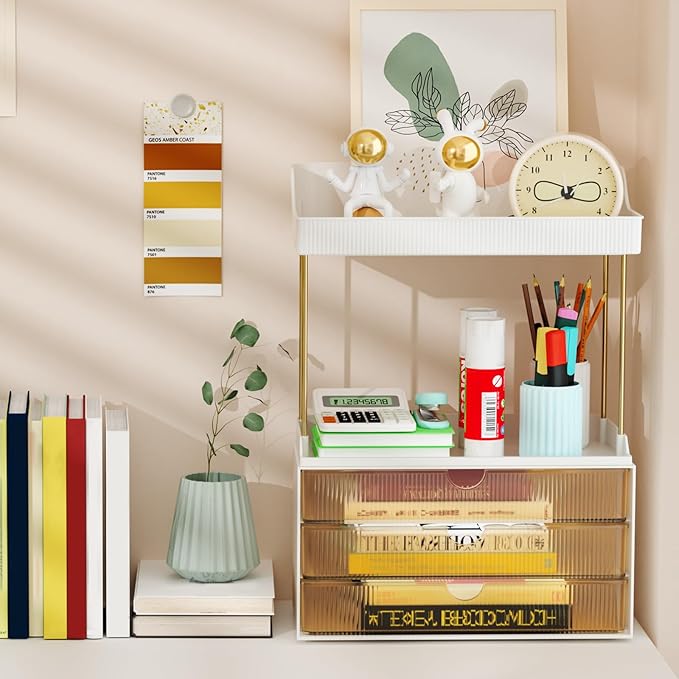 5 Tier 3 Drawers Makeup Organizer, 2 Set Bathroom Organizers and Storage,Cosmetic Storage Drawer for Dresser Countertop and Bathroom Vanity for Large Skincare, Perfume, Amber