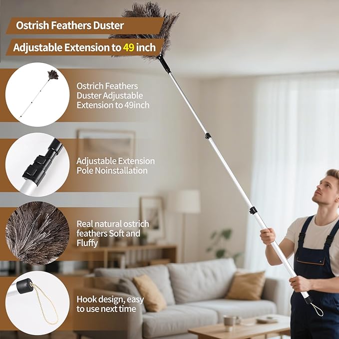 Daieeparty Extendable Ostrich Feather Duster up to 25-49 inches Fluffy Feathers Long Handle Reusable for Cleaning Ceiling Fan Pendant lamp Feather Duster 1pcs