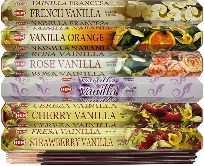 Hem Incense Sticks Variety Pack #18 and Incense Stick Holder Bundle with 6 Vanilla Fragrances