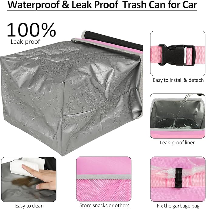 ELONGRIVER Car Trash Can Bin for Back Seat Leak Proof, Cute Car Trash Bag Hanging, Vehicle Trash Can for SUV Truck Van, Automotive Garbage Cans Front Seat Pink