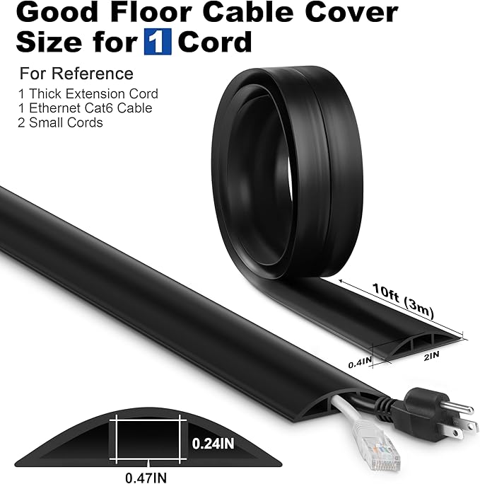 LZEOY 10FT Floor Cord Cover, Black Cord Hider Floor, Durable Cord Covers for Wires on Floor, Cable Floor Cover Power Cord Cover, Floor Cord Protector Hide Cords on Floor Cord Cavity: 0.47" W x 0.24" H