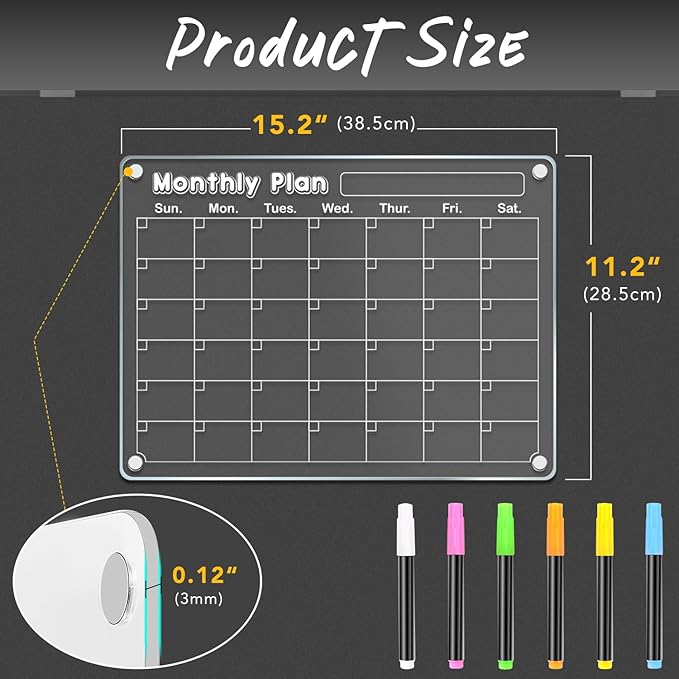 DIYMAG Magnetic Calendar for Refrigerator 3 PCS Dry Erase Whiteboard 15.2"x11.2" Magnet Fridge Monthly Weekly White Board Planning Acrylic Clear Apartment Decor Meal Planner with 6 Colors Markers