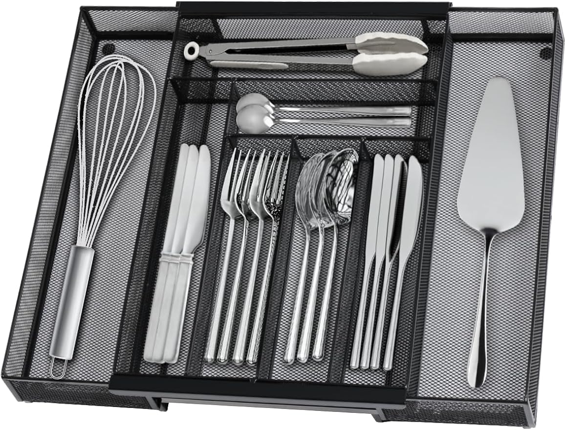 Sedegn Silverware Organizer Metal Mesh, Large Drawer Organizer, Utensil Cutlery Tray for kitchen drawers, Expandable Flatware Organizer with 8 Compartment Black 11.6"~20" x 17.3"