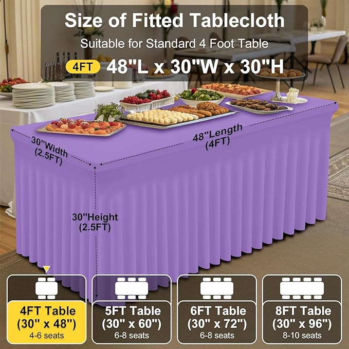 Smiry Spandex Tablecloth, Elastic Fitted Stretch Tablecloth for 4FT Rectangle Tables, Waterproof Washable Table Cover Skirt for Outdoor, Wedding, Banquet & Parties (Lavender, 48Lx30Wx30H Inch)