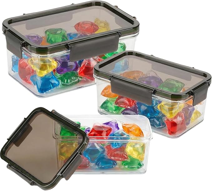 MYITYARD Laundry Pods Container 3 Pack, Clear Powder Detergent Storage with Scoops and Sealing Lid - Dryer Sheet Holder for Laundry Room Organization