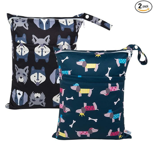 ALVABABY 2pcs Cloth Diaper Wet Dry Bags Waterproof Reusable with Two Zippered Pockets Travel Beach Pool Daycare Soiled Baby Items Yoga Gym Bag for Swimsuits or Wet Clothes L93107