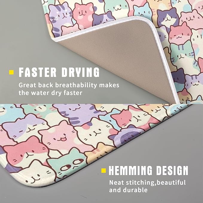 Colorful Cats Dish Drying Mat 16x18 inch Cute Animal Microfiber Reversible Fast Dry Dishes Drainer Rack Pad for Counter Kitchen Table Decor