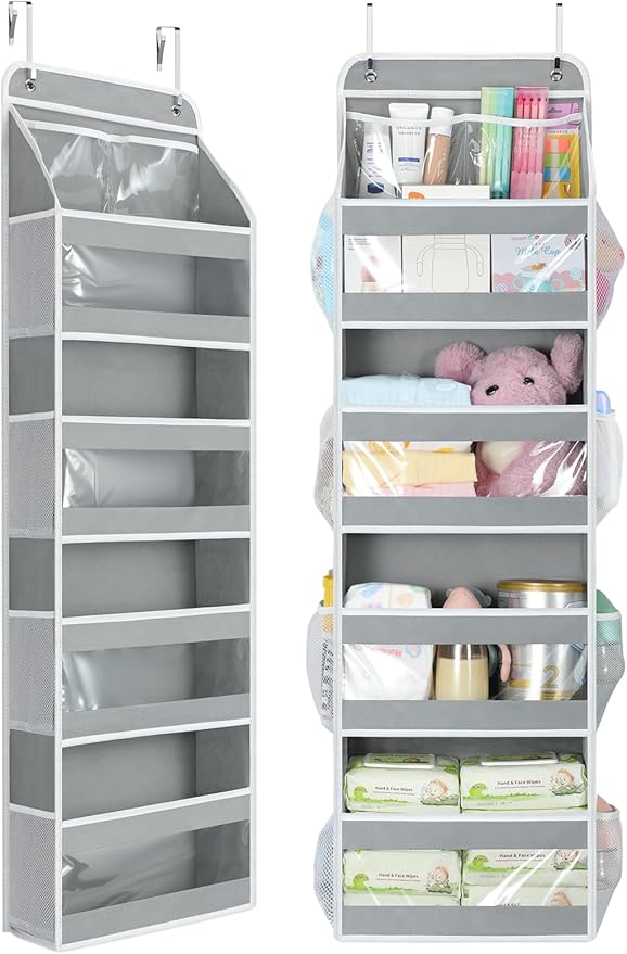 Yecaye 5 Tier 1Pc Over the Door Organizer, Stuffed Animal Storage with Clear PVC Windows, Door Organizer Hanging for Bedroom Nursery Closet Dorm Room Laundry Pantry Bathroom, Gray