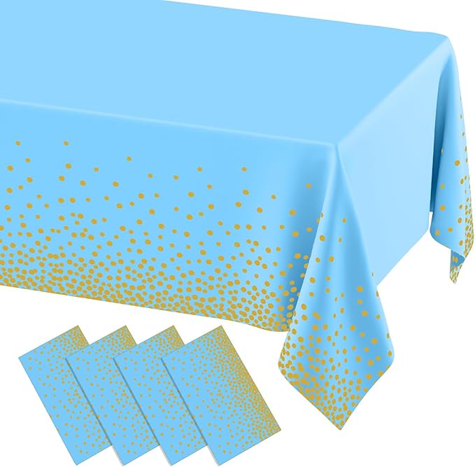 misaya 4 Packs Dot Disposable Table Cloth, 54 x 108 Inch Waterproof Plastic Tablecloth, Rectangle Gold Dots in Light Blue Table Covers for Picnic, Birthday, Party
