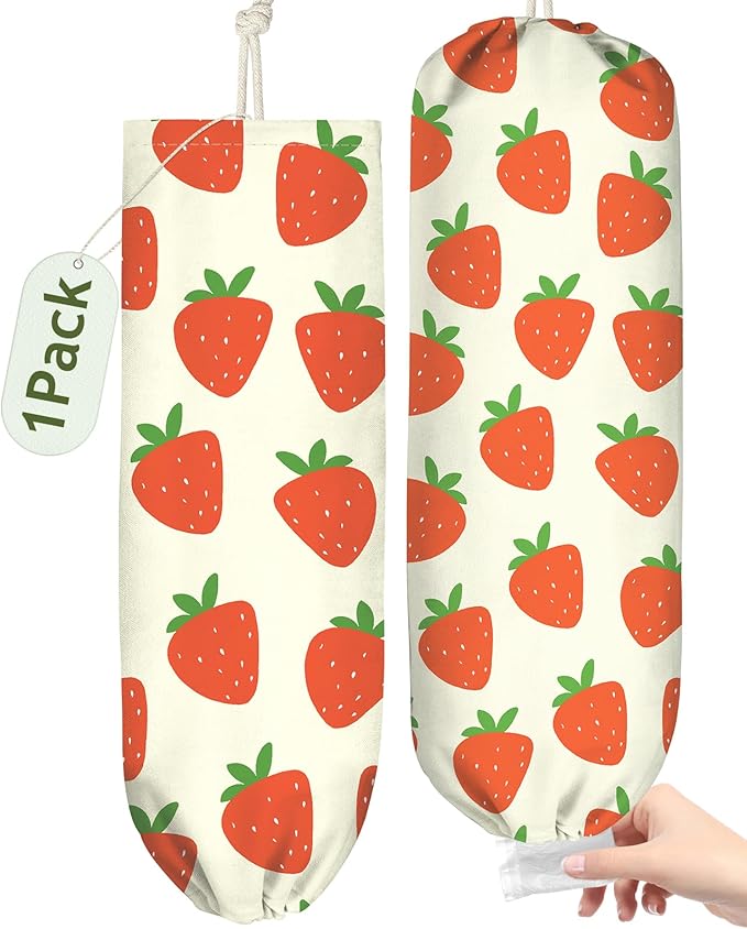 Kokaaee Plastic Bag Holder, Grocery Bag Organizer - 1 Pack Cute Kitchen Dispenser Holders Reusable Shopping Western Hanging Wall with Adjustment Drawstring Closure for Women Home, Strawberry