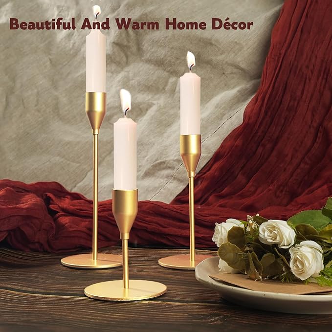Matte Gold Candle Holders Bulk Painted Gold Metal Candlesticks Fit 0.8 Inch Taper Candles Decorative Metal Candelabra for Wedding Home Holiday Anniversary Party Dinning Table Decors (Set of 6)