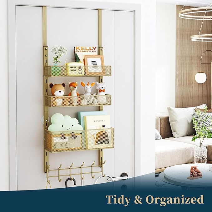 Consumest Over The Door Hooks Organizer - 4 Tier Door Coat Rack with 3 Baskets & 12 Hooks, Stainless Steel Towel Hanger for Bedroom, Bathroom, Living Room, Gold