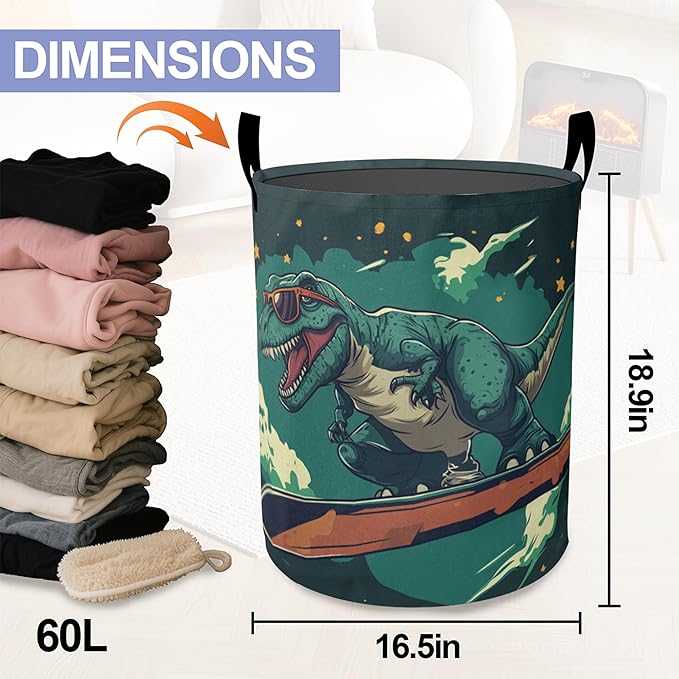 Cute Tyrannosaurus Rex Laundry Basket - Large Foldable Hamper Holder Portable Tall Collapsible Laundry Hamper Storage Basket Bin with Handles, Canvas & Waterproof Lining for Household Items