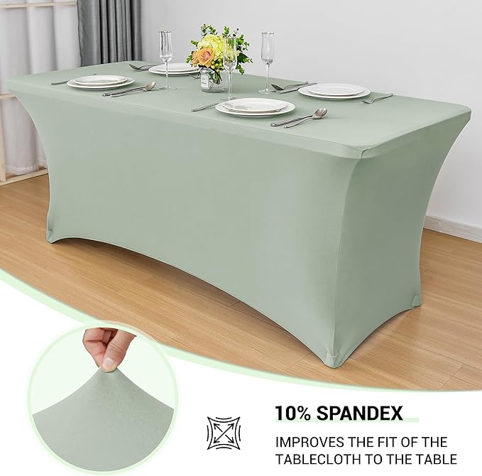 Obstal 2PC Sage Green Tablecloth - 4ft Rectangle Spandex Table Cover for Party, Events, Banquets & Weddings, Machine Washable