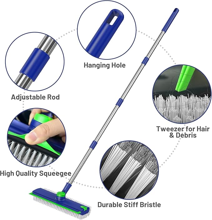 EHADOO Floor Scrub Brush with Long Handle: 3 in 1 Heavy-Duty Floor Scrubber Brush with Squeegee for Cleaning Tile Bathroom Deck Kitchen Patio