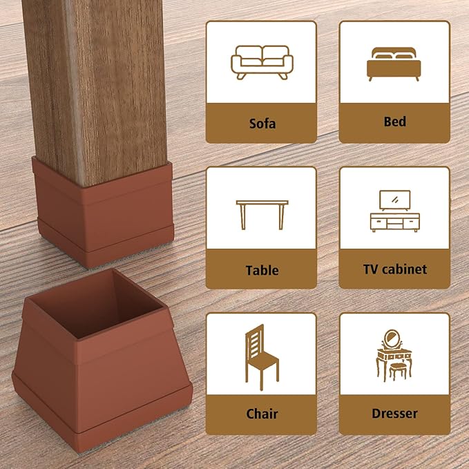16 Pcs Square Chair Leg Protectors for Hardwood Floors, Silicone Felt Furniture Pads Non-Slip, Free Moving Table Leg Covers, Chair Protectors for Wooden Floors. Brown