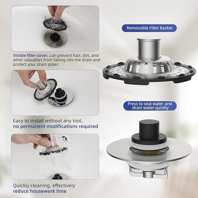 Metal 2 Pack Bathtub Drain Stopper with Top Hair Catcher, 3 in 1 Pop-up Bathtub Strainer, Tub Stopper with Detachable Stainless Steel Filter Basket for Standard 1.5 to 2.4'' Drain, Brushed Nickel