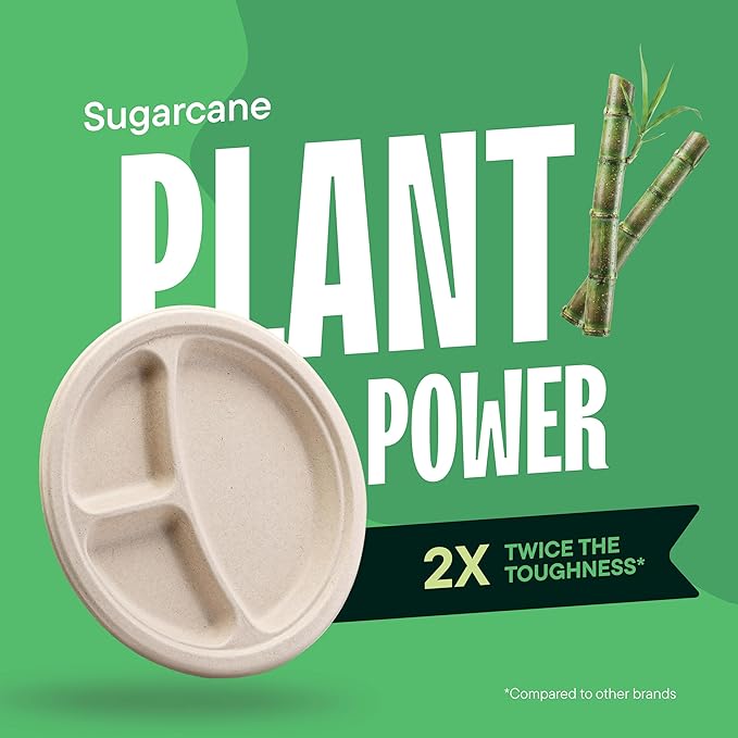 100% Compostable, 3 Compartment, Disposable Paper Plates [125-Pack] - {PFAS Free} - {BPA Certified} - [9 Inch] Heavy Duty Biodegradable Bagasse Sectional Lunch Trays + Dividers - Divided Platte Tray