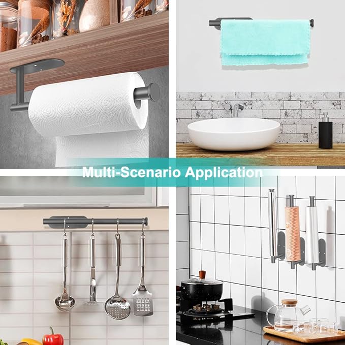 MGahyi Paper Towel Holder Wall Mount, Self Adhesive Or Drilling Paper Towel Holder Under Cabinet, 13.2 inch Stainless Steel Kitchen Paper Towel Roll Rack, Bathroom Towel Roll Hanger(Grey, Rectangle)