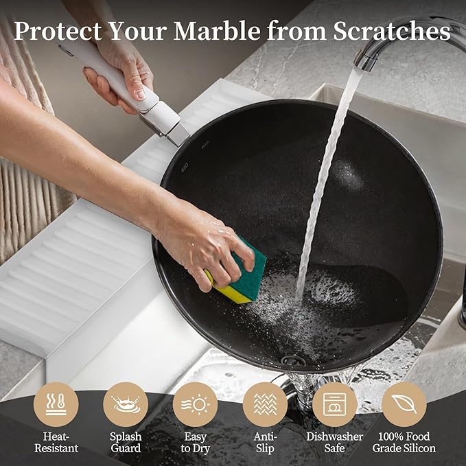 Silicon Edge Protectors for Kitchen Sink, Splash Guard With Suction Cups, Upgraded Design for Quartz, Granite, Bathtub (White, 14" x 4")
