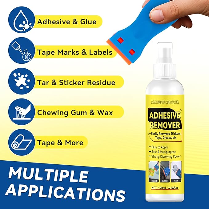 Tiepetly Adhesive Remover Spray 4.06oz, Sticker Remover with Plastic Scraper & 10 Blades, for Tape, Labels, Silicone, Gum & Wax Residue, Safe on Glass, Metal, Plastic (120, Grams)