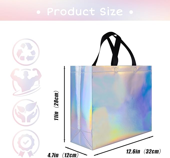 cabzymx 25 Pcs Iridescent Glossy Reusable Gift Bags with Handles & Sturdy Bases, 12.6x4.7x11 In Holiday Party Gift Bags Bulk for Birthday, Wedding, Xmas, Thanksgiving