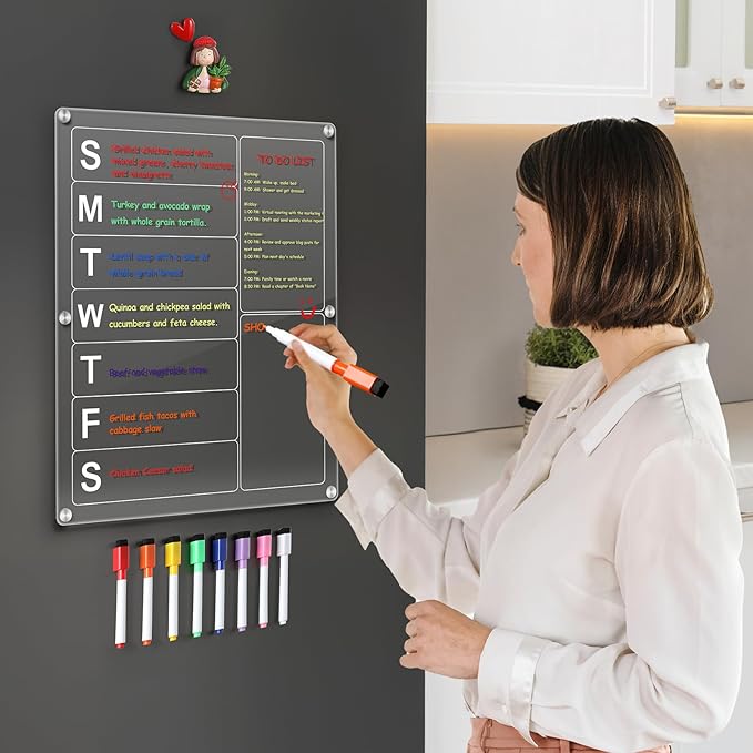 Acrylic Magnetic Menu Board for Kitchen, Large Weekly Meal Planner for Fridge, Clear Refrigerator Planning Board with 8 Color Markers, Dry Erase Board for Grocery/Shopping/to Do List -14.5''*11.5''