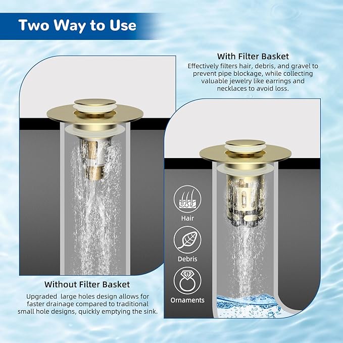 Hibbent Upgraded 3 in 1 Bathroom Sink Drain Strainer, Universal Pop Up Stopper with Removable Stainless Steel Filter Basket Hair Catcher, Sink Plug for 1.1''~2.36'' Basin, Brass Core, Brushed Gold