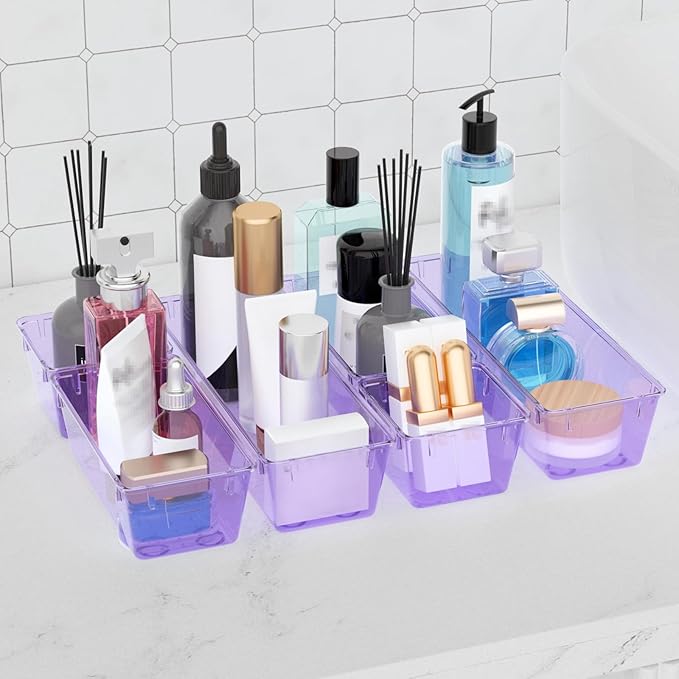 WOWBOX 9 Pack Clear Drawer Organizer Set, Acrylic Drawer Storage Trays, Storage Bins for Makeup, Cosmetics, Jewelry, Utensils, Gadgets, Office, Purple