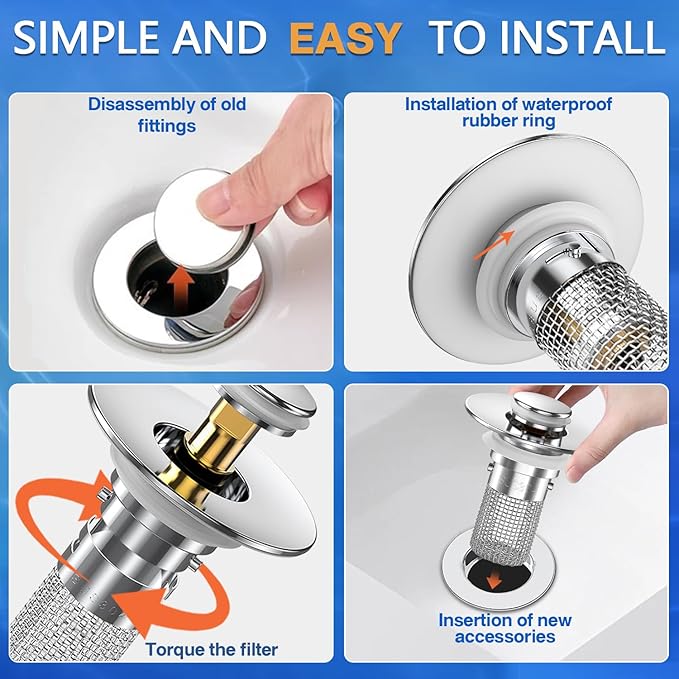 Sink Stopper Hair Catcher, Pop-up Sink Drain Strainer with Removable Stainless Steel Strainer Basket Hair Catcher, Bathroom Sink Strainer for Bathroom Sink Stopper Replacement (3PCS)