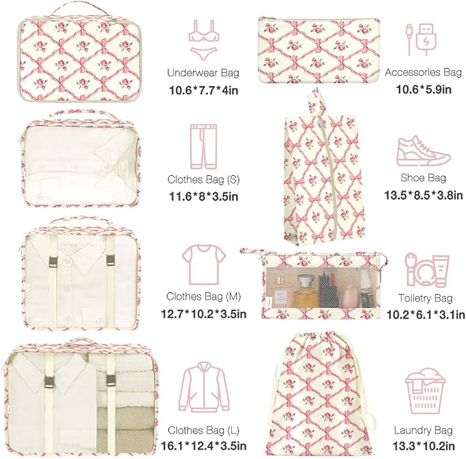 8 Set Packing Cubes for Suitcases, Packing Cube with Shoe, Cosmetics, Clothing, and Accessories Bags, Packing Cubes for Travel, Luggage Organizer for Women and Men (Bow Flowers)