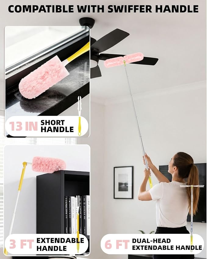 30 Count Pink Duster Refills Compatible with Swiffer Handle, 360° Multi-Surface Duster Refills with 1 Handle, 5X Microfibers Disposable Dusters for Home, Office Cleaning