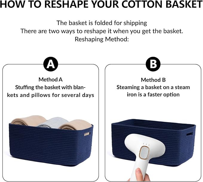 MiniArk Large Storage Baskets for Shelves, Closet Organizers Bins for Clothes Blanket Towels, Baby Nursery, Toy Baskets Box, Woven Rope Baskets, 17 x 13 x 7.5”, 2 Packs Navy Blue
