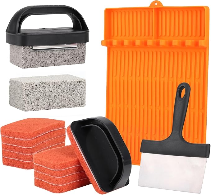 Griddle Cleaning Kit for Blackstone- Includes Large Silicone Tool Mat, Griddle Scraper, Cleaning Bricks, Scouring Pads with Handle, Cleaning Tools Accessories for Blackstone Flat Top Grill