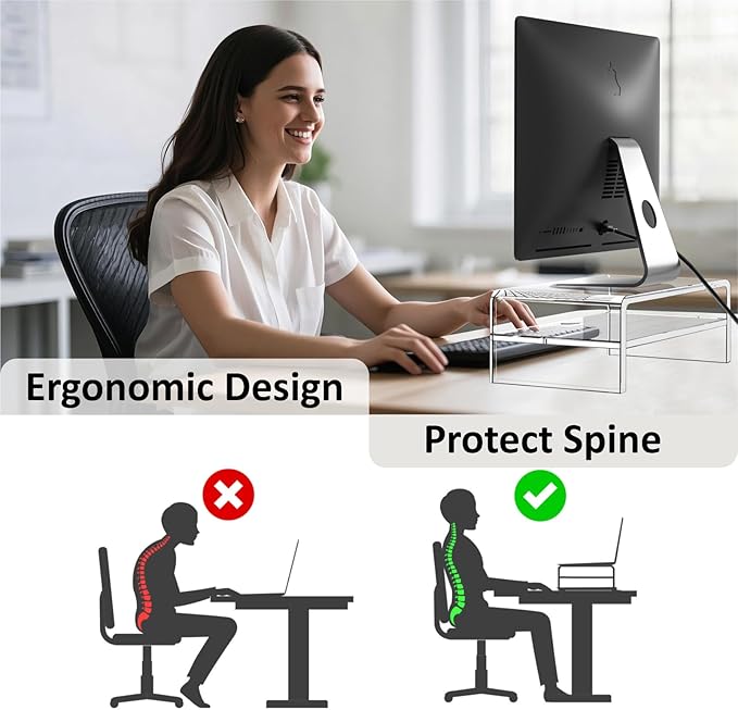 Acrylic Monitor Stand, 2-Tier Clear Monitor Riser Computer Stand for Office, Home, 5.12 Inches High PC Desk Stand for Keyboard Storage, Premium Platform for Laptop Printer TV Screen