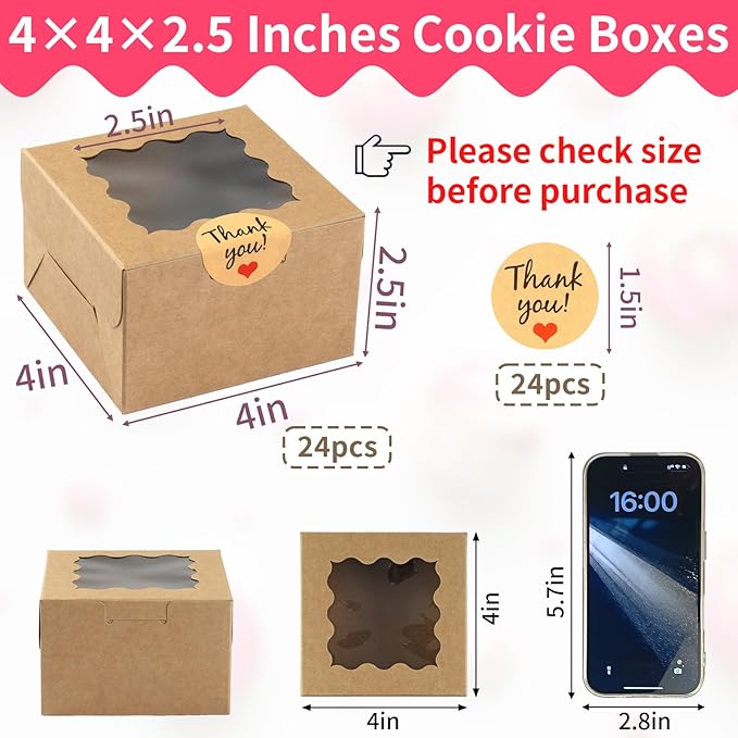 WINKIO 24pcs Brown Cookie Boxes, 4x4x2.5 Inches Bakery Boxes with Window, for Mini Cake Treat Dessert Pastry Donuts Macaroon Strawberries Chocolate Candy (with Stickers)