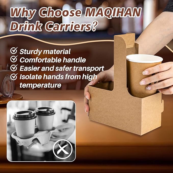 MAQIHAN 2 Cup Drink Carrier with Handle - 50Pcs Disposable Cardboard Coffee Cup Holder Portable Foldable Tray Drink Caddy Cup Carriers to go Cup Holder Food Delivery Accessories for Hot/Cold Drinks