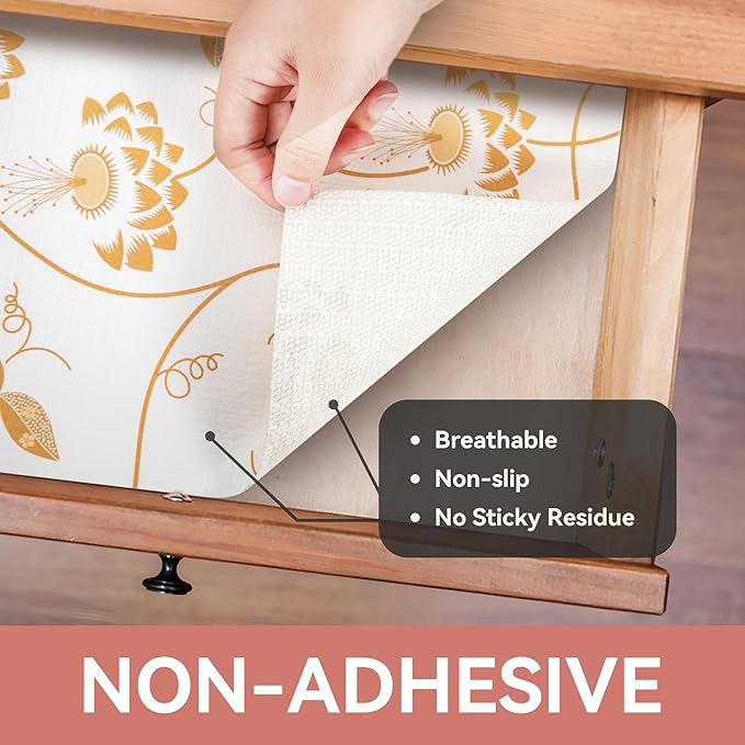 RAY STAR Shelf Liner, Non Adhesive Golden Leaves Floral Kitchen Cabinet Liner for Pantry Drawer Vanity, Strong Grip Non Slip, Shelf Liners for Kitchen Cabinets Cupboard 18 Inch x 8 FT (5 Rolls)