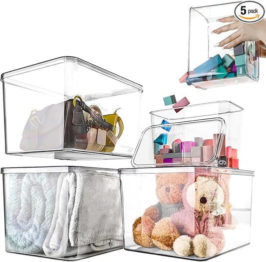 Sgoostood Storage Boxes, 5 Packs Transparent Food Organizer, Stackable Lidded Storage Bins (3 XL + 2M)