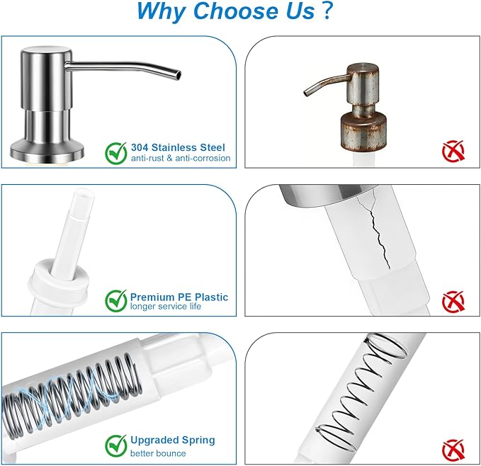 Soap Dispenser for Kitchen Sink, Upgrade Built in Sink Soap Dispenser Brushed Nickel, Countertop Sink Soap Dispenser Pump with 47" Extension Tube kit, No Need More Refills