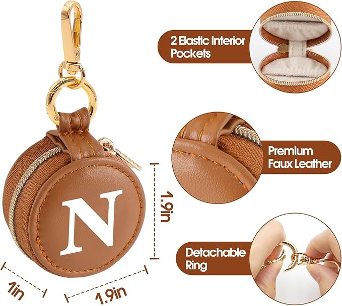 Mini Initial Travel Jewelry Case Ring Holder, Brown Faux Leather Small Jewelry Organizer Box Gifts for Women Girls Nurse Teacher, Gym Travel Accessories Keychain Pouch for Earrings Rings Necklace N