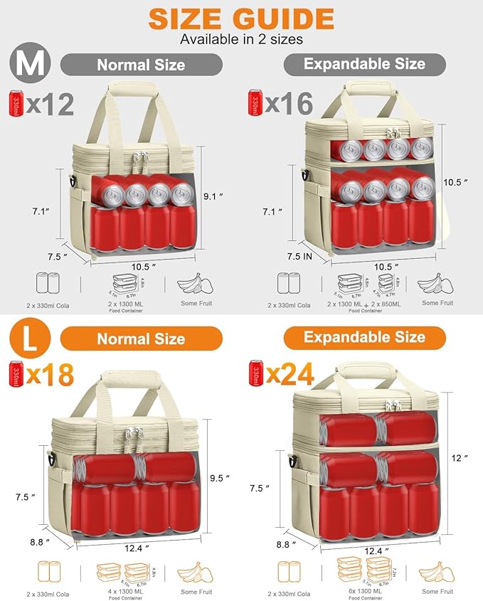 Pritent Lunch Box For Men Women Double Deck Insulated Lunch Bag For Men Woman Leakproof Expandable Cooler Bag with Adjustable Shoulder Strap for Kids Shool Work Picnic Camping(Beige,Large)