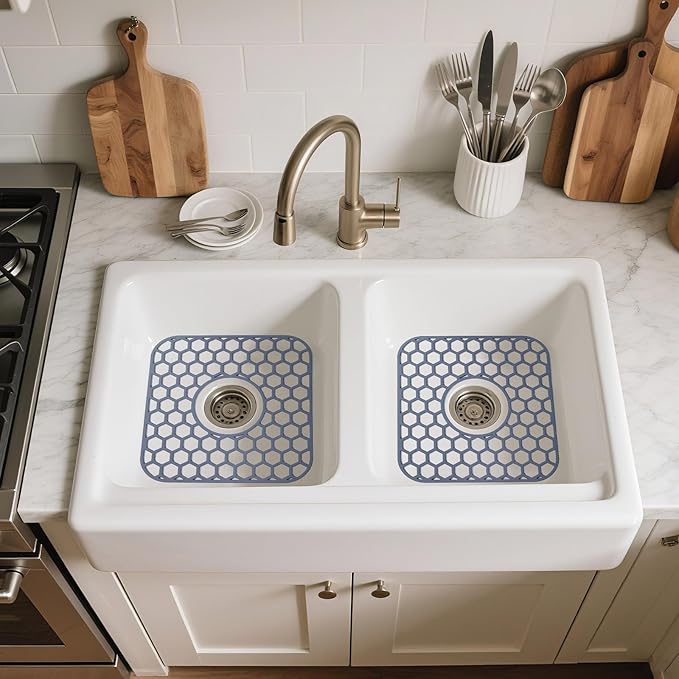 Silicone Sink Protectors for Kitchen Sink with Center Drain - 12" x 11" Kitchen Grid Accessory, Non-Slip Heat-Resistant Mat for Bottom of Porcelain Stainless Steel, Dishwasher Safe