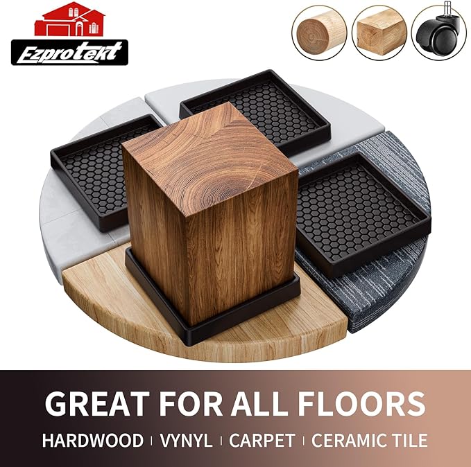 Ezprotekt 3x3" Square Rubber Anti-Slip Furniture Pads Coasters for Hardwood Floors, 4 Pcs Non-Slip Furniture Caster Cups Floor Protectors for Sofa Couch Bed Stoppers to Prevent Sliding (Brown)