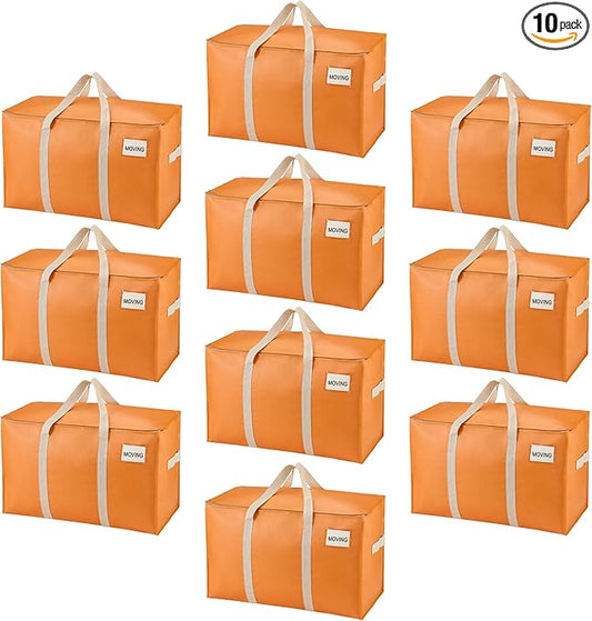 VENO 10 Pack Moving Bags, Heavy Duty, Moving Boxes Alternative, Packing Storage Supplies, Dorm Room Essentials with Zipper for Clothes, Extra Large Packaging Totes (Seasonal Autumn Orange, 10 Pack)