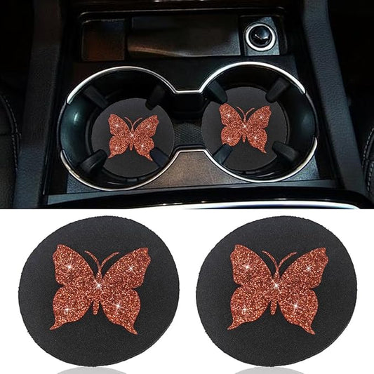 2PCS Bling Butterfly Car Coasters, 2.75'' Anti Slip Insert Cup Holder Coaster, Rhinestone Vehicle Cup Holder Decoration Pad, Universal Auto Interior Drink Water Bottle Mat Accessory (Red)